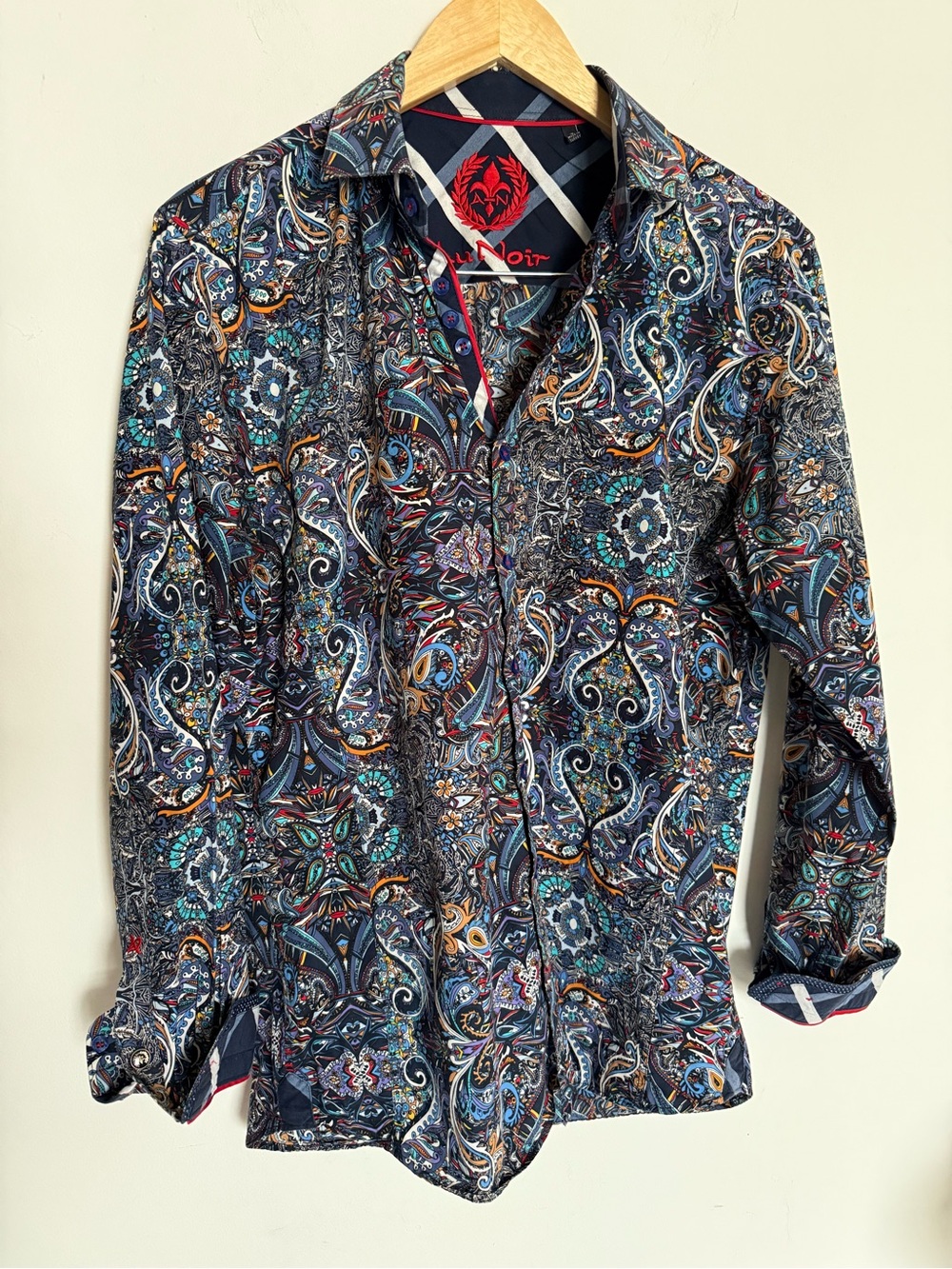 Au Noir Men’s Sz 3 (US Medium) Navy Multicolor Design Men’s Dress Shirt EUC